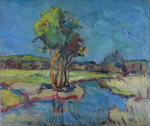 Werkverzeichnis Nr. 62, um 1950, Mooslandschaft mit Bach und Bäumen, Öl auf Karton, 52,0 x 60,9 cm,
						Rückseite bemalt mit Werkverzeichnis Nr. 77, um 1952, Bäume am Berghang